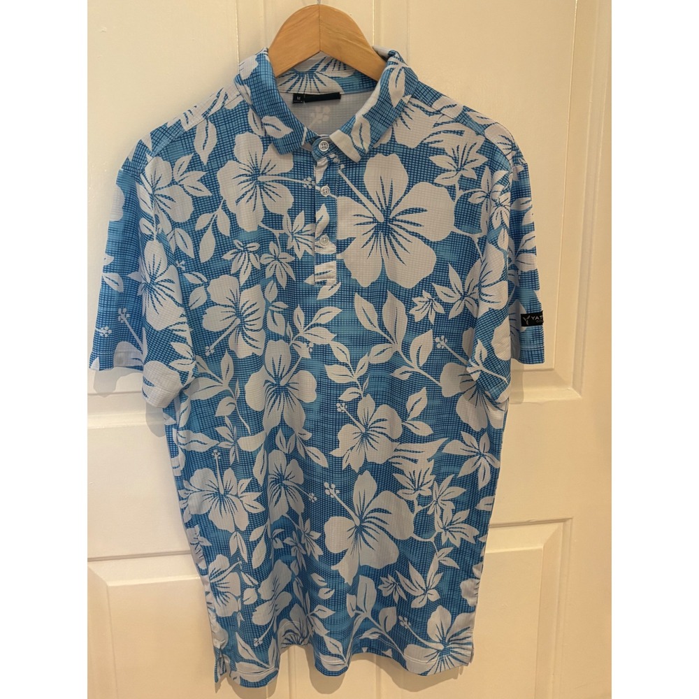 Yatta Golf Mens Blue White Tropical Hibiscus Floral Print Performance Polo ~Med.